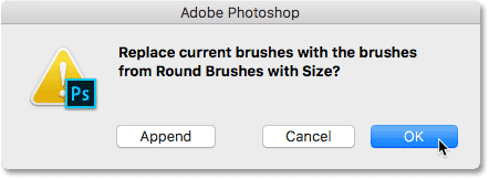 Clicking OK to replace the current brushes with the new ones. 