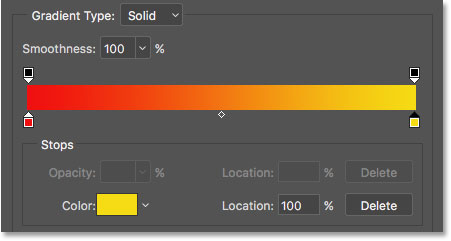 The Gradient Editor showing the new red to yellow gradient. 