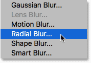 Choosing the Radial Blur filter in Photoshop