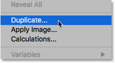 Selecting the Duplicate command under the Image menu in Photoshop