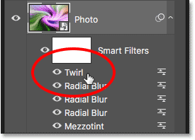 The Layers panel showing the Twirl smart filter