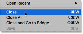 Choosing the Close command in Photoshop
