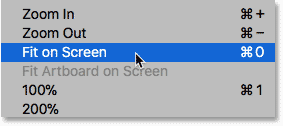 Choosing the Fit on Screen command in Photoshop