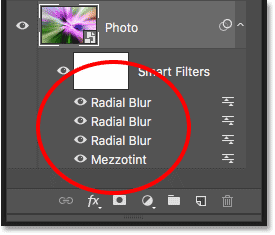 The Layers panel showing the Mezzotint and three Radial Blur Smart Filters