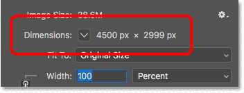 The Image Size dialog box in Photoshop showing the current dimensions of the image