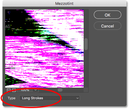 Setting the Mezzotint filter Type to Long Strokes