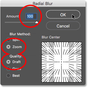 إعدادات مرشح Radial Blur الأولية