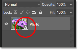 The smart object icon in the layer preview thumbnail