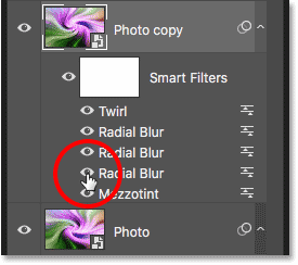 Turning off the bottom Radial Blur filter for the 'Photo copy' smart object