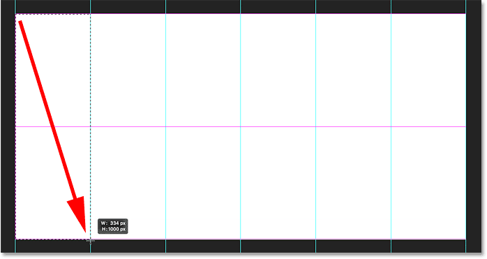 Drawing a rectangular selection around the first vertical section of the collage in Photoshop.