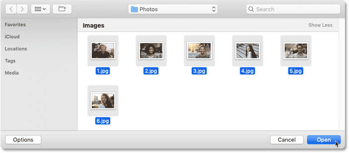 Selecting and opening the images that will be added to the Photoshop collage