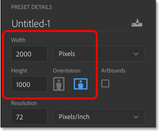 Entering the Width and Height for the new Photoshop document