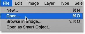 Selecting the File Open command in Photoshop