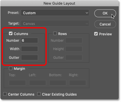 The New Guide Layout settings in Photoshop