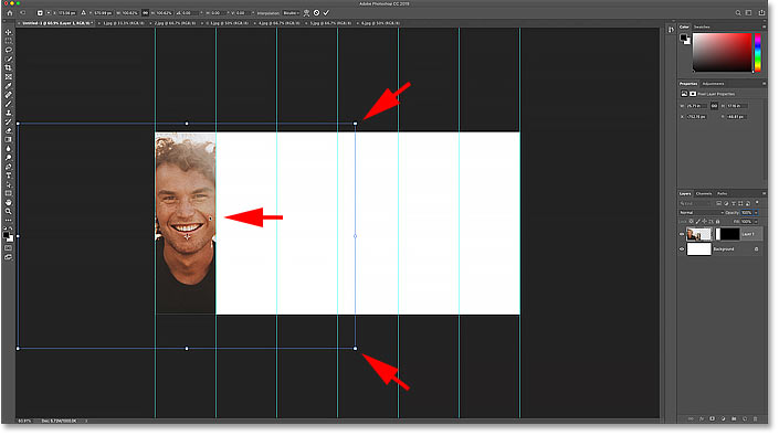 Resizing and moving the image in the collage with Photoshop's Free Transform command