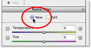 Adding a new Radial Filter in the Camera Raw dialog box.