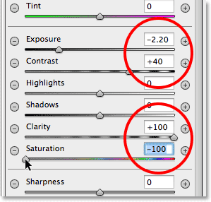 The image adjustment sliders for the Radial Filter in Camera Raw.