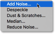 Selecting the Add Noise filter in Photoshop