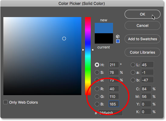 اختيار اللون الأزرق لانعكاس الماء في Color Picker