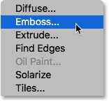 Selecting the Emboss filter from the Stylize menu in Photoshop