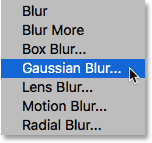 Selecting the Gaussian Blur filter in Photoshop