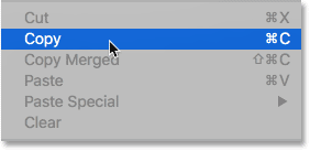 Choosing the Copy command from the Edit menu in Photoshop