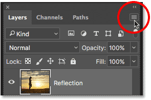 Clicking the Layers panel menu icon on Photoshop