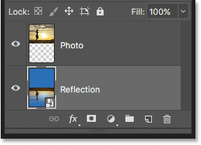 The two layers have been combined into one Smart Object named Reflection