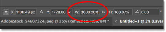 The Width (W) value in the Options Bar after dragging the perspective handle