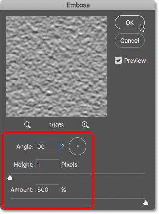 The Emboss filter settings for the Red channel