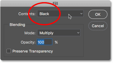 Setting the Contents option to Black in the Fill dialog box