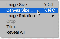 Choosing the Canvas Size command from the Image menu in Photoshop