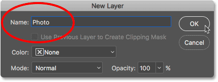 Unlocking the Background layer by renaming it Photo in the New Layer dialog box