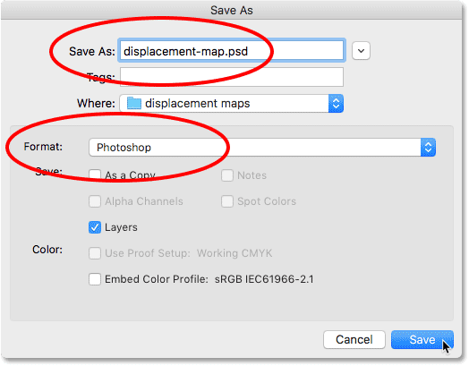Naming and saving the displacement map as a Photoshop file