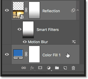 Selecting the water reflection and solid color fill layer in the Layers panel