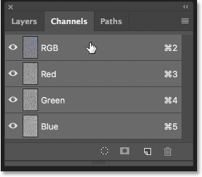 Selecting the RGB channel in the Channels panel in Photoshop