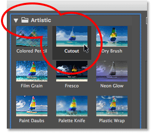 تحديد مرشح القطع من الفئة الفنية في معرض المرشح.  صورة © 2013 Photoshop Essentials.com