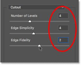 The options for the Cutout filter in the Filter Gallery.