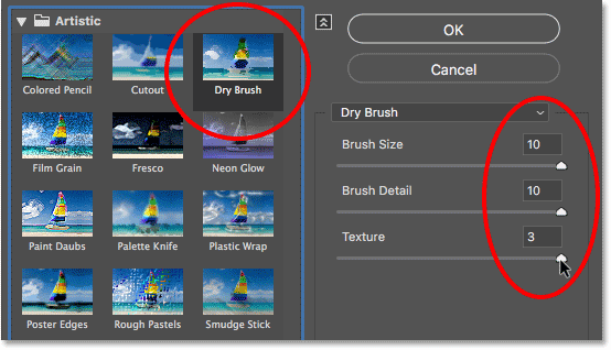 The Dry Brush options in the Filter Gallery in Photoshop