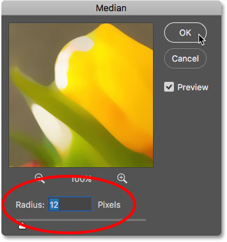 ضبط قيمة Radius لمرشح Median في Photoshop