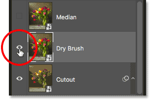 Selecting and turning on the Dry Brush Smart Object in the Layers panel.