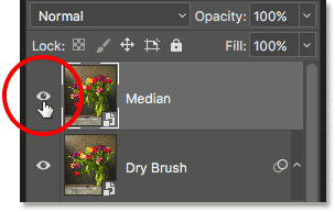 Selecting and turning on the Median layer in the Layers panel. Image © 2013 Photoshop Essentials.com