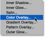 Choosing a Color Overlay layer style.