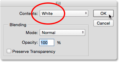 Setting the Contents option to White in the Fill dialog box.