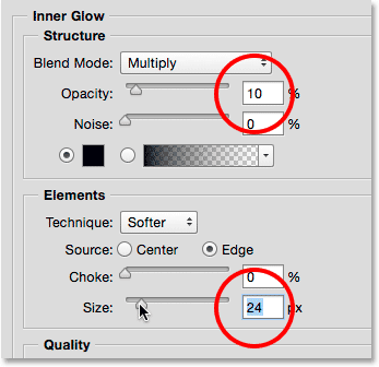 Lowering the Opacity and increasing the Size values for the Inner Glow.