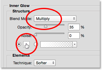 Changing the Blend Mode of the Inner Glow to Multiply and clicking the color swatch.