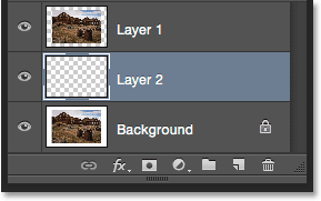 The Layers panel showing Layer 2 between Layer 1 and the Background layer.