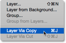 Selecting the New Layer via Copy command from under the Layer menu. 