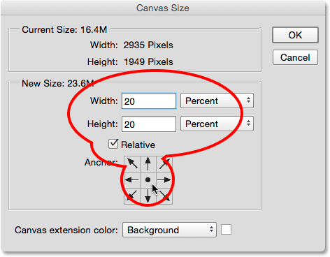 The Canvas Size dialog box.