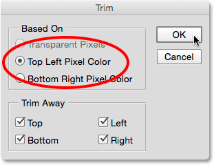 Selecting the Trim command from under the Image menu.